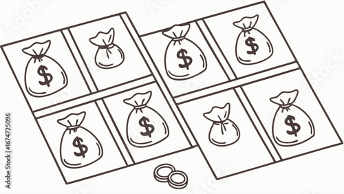 Money bags and dollar signs on a game board. Financial strategy, business growth, and investment concept illustration.