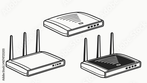 Wireless WiFi routers for home and office internet network connection. Modern digital technology devices and equipment for communication.