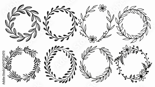 Hand drawn floral wreaths set. Botanical leaf frames. Black and white doodle vector illustration design elements collection.