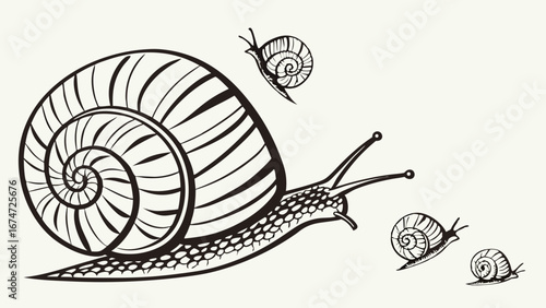 Slow moving snail family illustration. Mother and baby snails crawling together. Nature animal group drawing. Patience concept.
