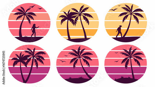 Retro sunset palm trees circle collection. Summer tropical beach vacation designs with silhouettes and gradient stripes.
