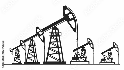Oil pumps and derricks silhouette. Energy industry, fossil fuel extraction, petroleum production, and global power.