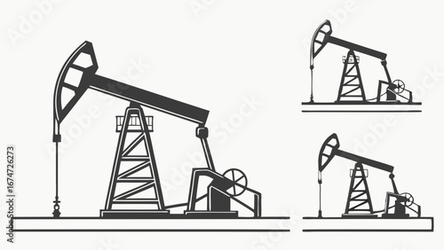 Oil pumpjack vector illustration set. Petroleum industry energy production drilling silhouette icons.