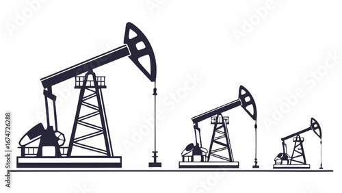 Oil pumps, pumpjacks in a row, black and white silhouette illustration. Oil and gas industry, energy production, fossil fuels.