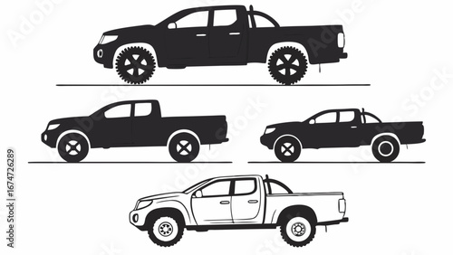 Pickup Truck Vector Silhouette Icons Set. Black and White Transport, Cargo, and Off-Road Vehicles. Side View Illustration.