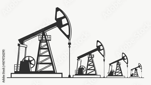 Oil pumpjacks silhouette vector. Energy production, petroleum industry, fuel extraction, oil drilling rigs.