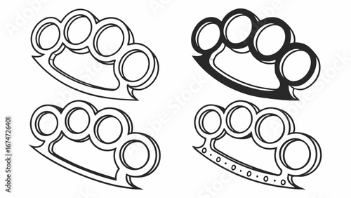 Brass knuckles vector illustration set. Knuckle duster weapon outline icons for self defense, crime, and danger concepts.