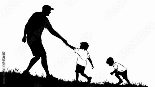 Silhouette of a father helping his two sons climb a grassy hill. Dad and kids walking outdoors. Family support and guidance.