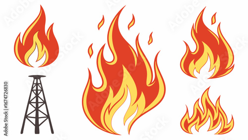 Fire flames and oil rig icon set. Burning gas, fuel, energy, heat, danger, industry, power, petroleum, hot, warning, oilfield.