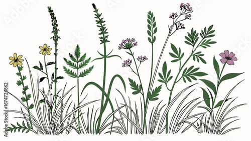 Wildflowers herbs plants and grasses botanical illustration nature border for spring summer garden and organic design