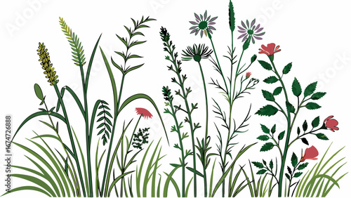 Wildflowers, green grass, meadow plants, botanical flora illustration. Summer field border, organic nature background, fresh growth.