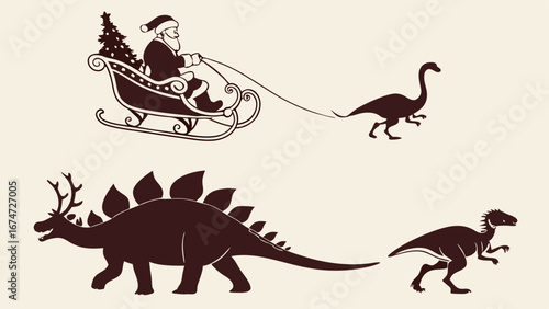 Funny Christmas Santa Claus with dinosaur reindeer. Holiday illustration of Santa in a sleigh pulled by a dino and festive tree.