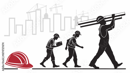 Construction workers progress and evolution. Builders with hard hat, city skyline, and building development concept.