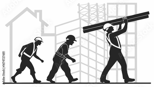 Construction workers building city silhouette. Real estate development, progress, labor, industry, and urban growth.