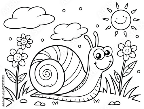 Snail and Flowers Coloring Page Illustration for Childrens Activities Featuring a Cute Snail Sun Clouds and Floral Elements in a Playful Design Suitable for Educational Materials and Creative Projects