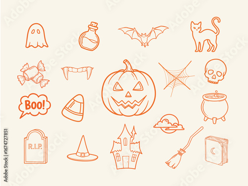 Hand-drawn Halloween outline icons set featuring spooky pumpkin, ghost, bat, witch hat, and other holiday design elements.