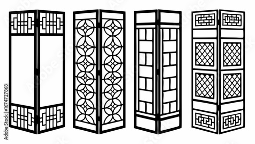 Set of four traditional Asian style folding screens and room dividers. Decorative wooden panels for interior design and home decor.