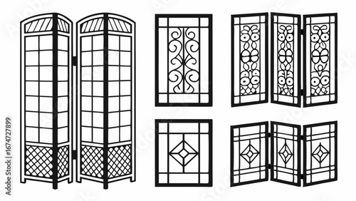 Room dividers and folding screens vector set. Decorative privacy panels with elegant ornate patterns for interior design.