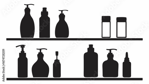 Various pump and cosmetic bottles silhouettes on shelves. Shampoo, lotion, soap, and personal care product packaging display.