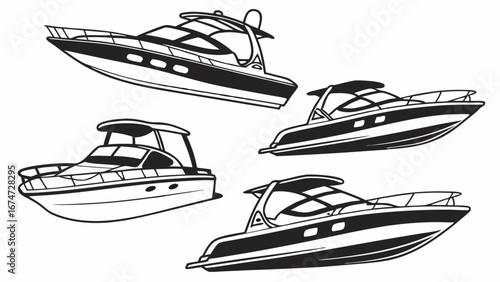 Vector illustration of modern speedboats and luxury yachts. Collection of motorboats for water recreation isolated on white.