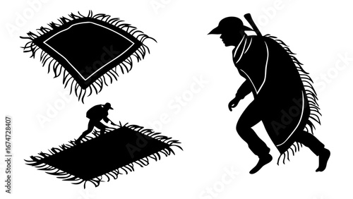 Man in traditional poncho and hat silhouette with blanket. Cultural textile and clothing. Travel adventure concept.
