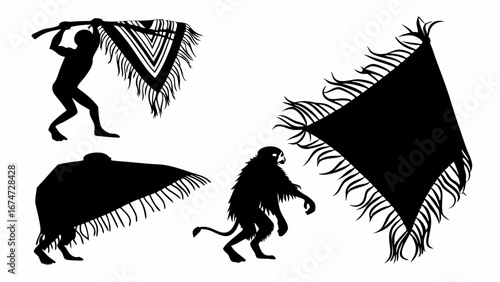 Primitive Man and Monkey Evolution Silhouettes with Fringed Blanket. Ancient History, Early Human Development, Animal Interaction.