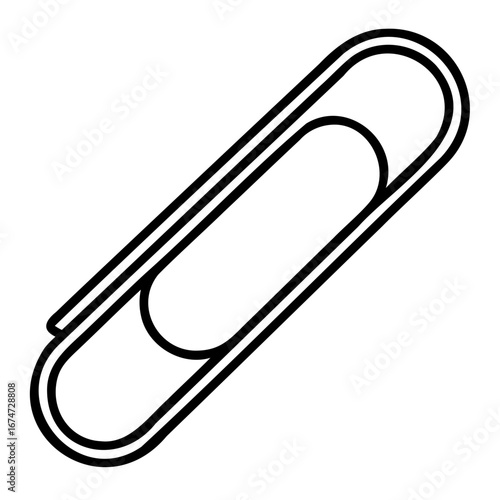 A simple black and white line drawing of a paperclip, isolated, representing office supplies and stationery