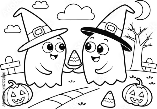 Two Adorable Cartoon Ghosts with Witch Hats Sharing Candy Corn Illustration for Halloween Coloring Pages and Fun Seasonal Activities for Kids