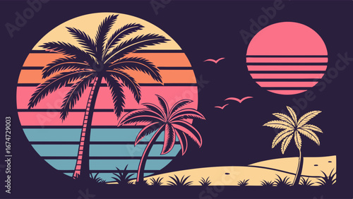 Retro sunset beach with palm trees. Tropical summer vacation background. 80s synthwave vaporwave style vector illustration.