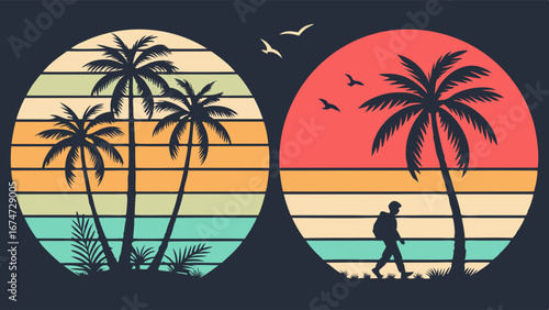 Retro vintage sunset palm trees tropical beach island travel graphic design. Summer vacation silhouette with a hiker and birds.