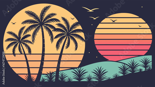 Retro Striped Sunset Tropical Beach Landscape with Palm Trees and Vibrant Gradient Sky. Summer Vacation Paradise.