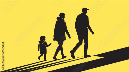 Family walking together. Parents and child silhouettes on a yellow background. Parenthood, childhood, and togetherness concept.