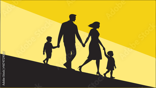 Family walking uphill together. Silhouette of parents and children holding hands on yellow background. Hope, future, progress.