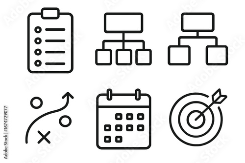 Business strategy icons including checklist, calendar, and target planning structure icons