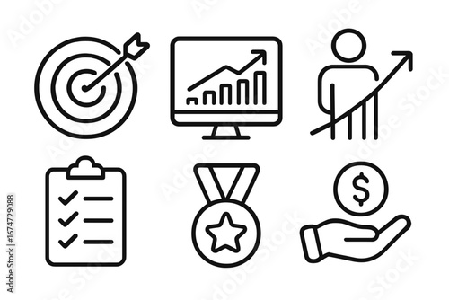 Business growth icons representing targets, success, and progress results-centric layout