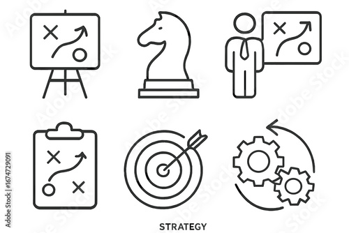 Strategy icons including chess piece, target, and planning tools work strategy icons