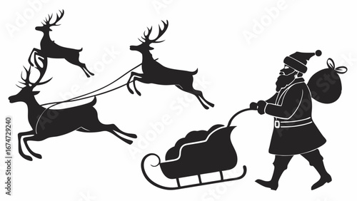 Christmas Santa Claus flying with reindeer and sleigh. Festive winter holiday season gift delivery silhouette illustration.