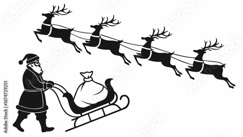 Santa Claus pushing sleigh with gifts and flying reindeer. Christmas holiday season preparation for present delivery. Festive winter illustration.