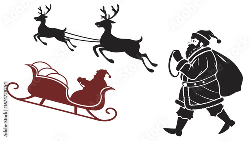 Santa Claus, Reindeer, Sleigh Silhouettes. Christmas Winter Holiday Celebration Vector Illustration Set Design.