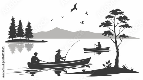 Men fishing in boats on a calm lake with mountains and trees. Outdoor nature adventure and leisure activity. Silhouette.