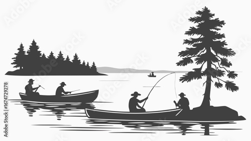 Silhouette of men fishing in canoes on a calm lake with forest trees and mountains. Outdoor recreation and nature adventure.