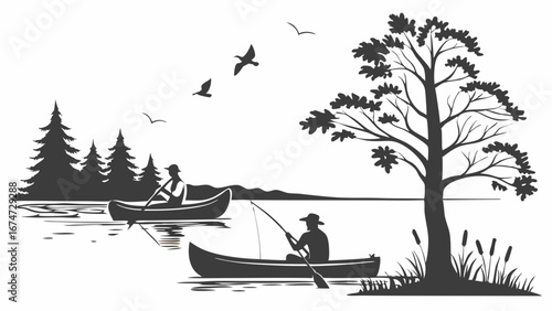 People canoeing and fishing on a serene lake in the wilderness. Outdoor nature recreation, summer adventure and peaceful leisure.