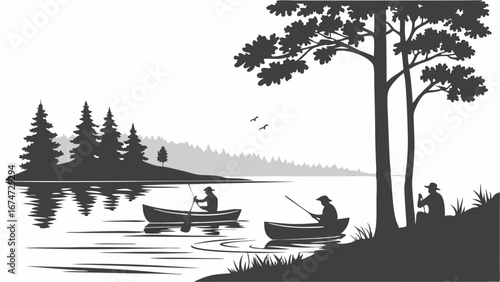 Silhouette fishing lake scene with fishermen in boats trees water reflections peaceful nature landscape outdoor