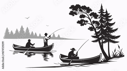 Men fishing in canoes on a calm lake. Outdoor recreation, summer activity, and peaceful nature scene with forest trees.