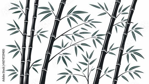 Black bamboo forest background with green leaves. Asian nature plant vector illustration. Zen oriental garden pattern design.