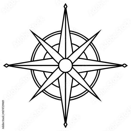 A stylized compass rose, a navigational instrument used to display directions, isolated
