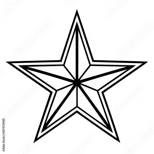 A stylized fivepointed star with bold black outlines and internal geometric divisions, isolated clean