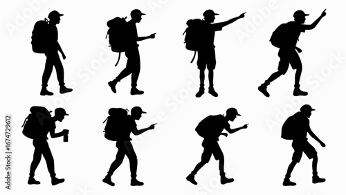 Hiker silhouettes with backpacks men walking pointing and exploring for outdoor adventure travel trekking