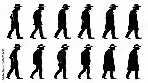 Man silhouette walking aging progression. Life stages evolution, time passing. Human journey, senior man with hat and coat.