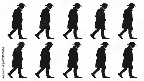 Man walking silhouette sequence with trench coat and hat. Mystery, spy, detective, movement, journey, progress concept.